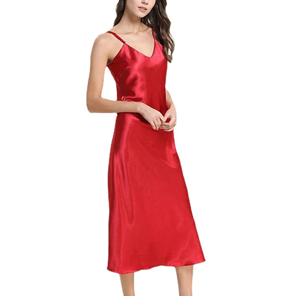 Women's Satin Pajamas Nightgown Sleeveless Backless V-Neck Spring Summer Home Party Gift Claret