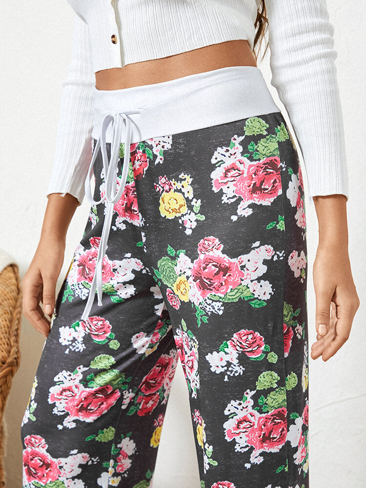 Women Plus Size Allover Flowers Print Drawstring Waist Loose Casual Home Pajamas Pants Secondary image
