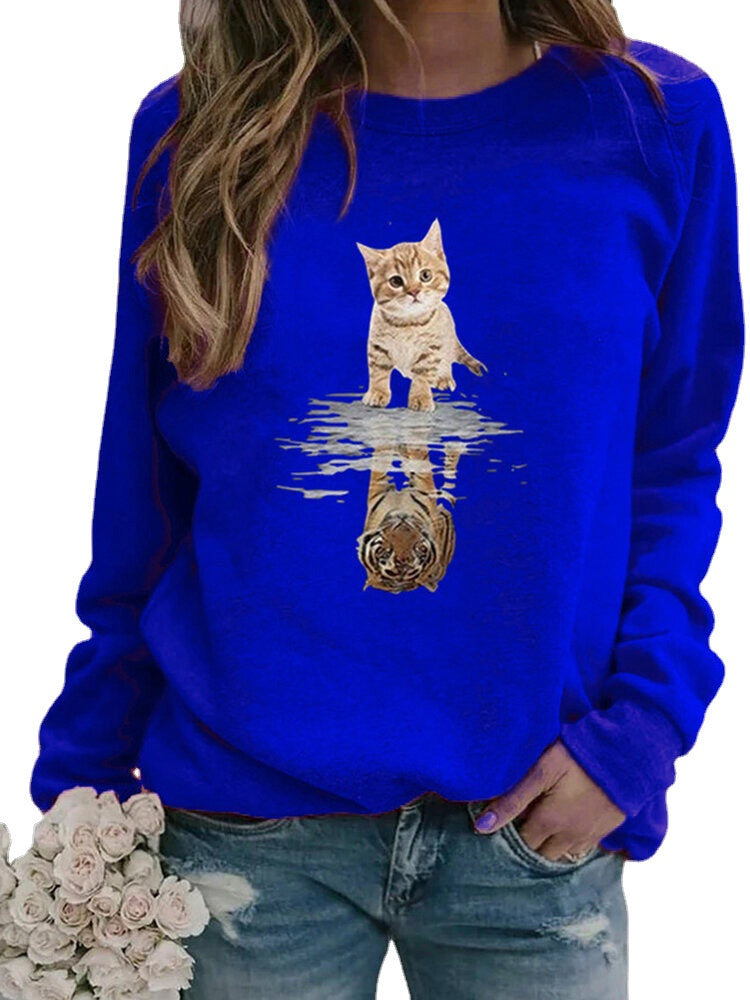 Women Cartoon Animal Cat Print Pullover Long Sleeve Cute Sweatshirts Secondary image