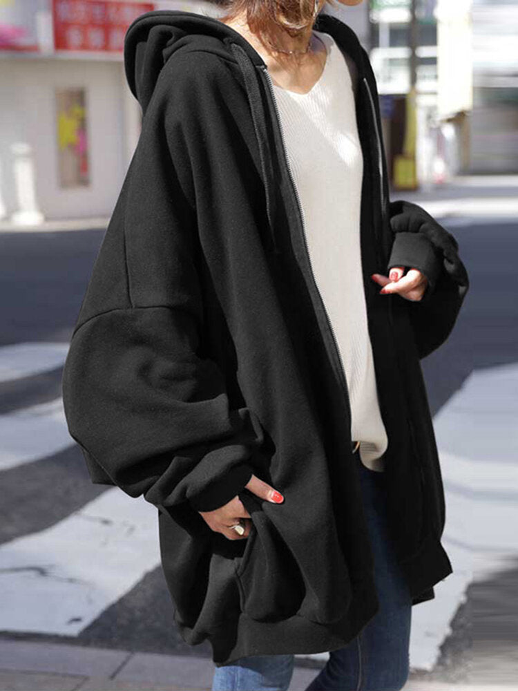 Women Zipper Up Outer Wear Loose Long Solid Hooded Sweatshirt