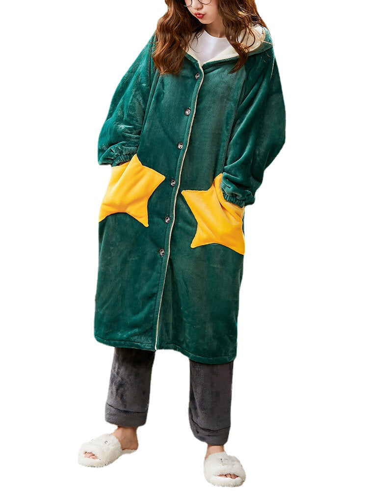 Women's Warm Hooded Coral Fleece Robe with Double Star Pockets