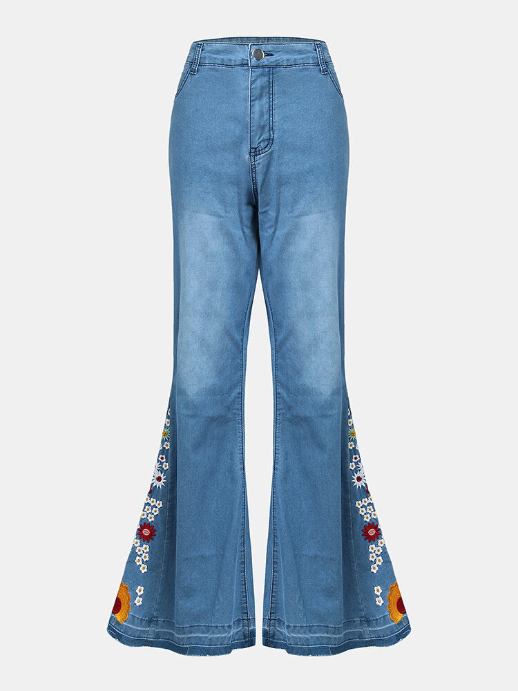 Women Floral Embroidery Stylish Casual Bell-Bottom Jeans With Pockets Secondary image