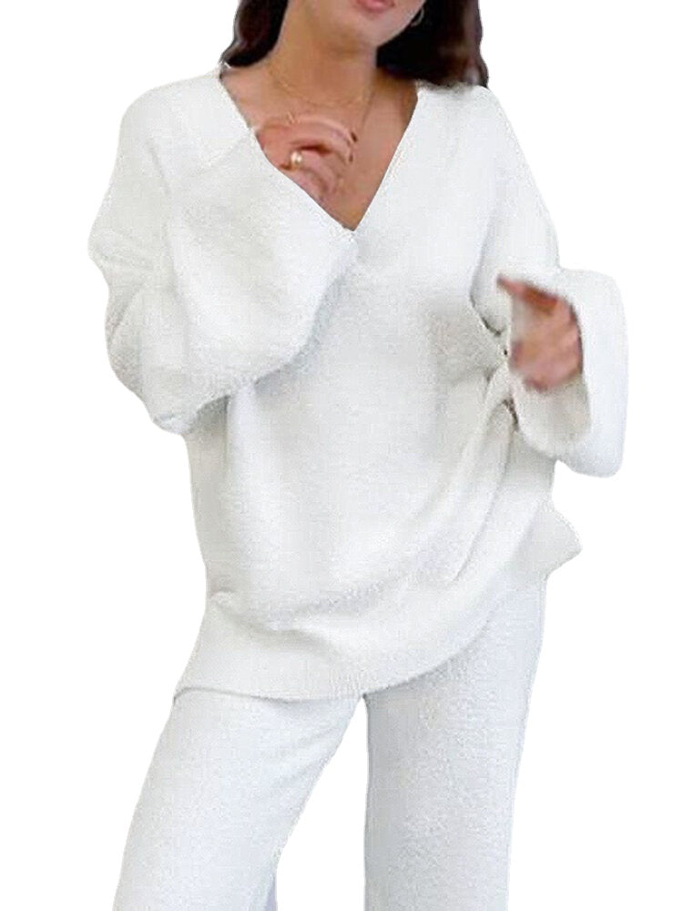 Solid Loose Elastic Waist Long Sleeve Homewear Two Pieces Set Main image