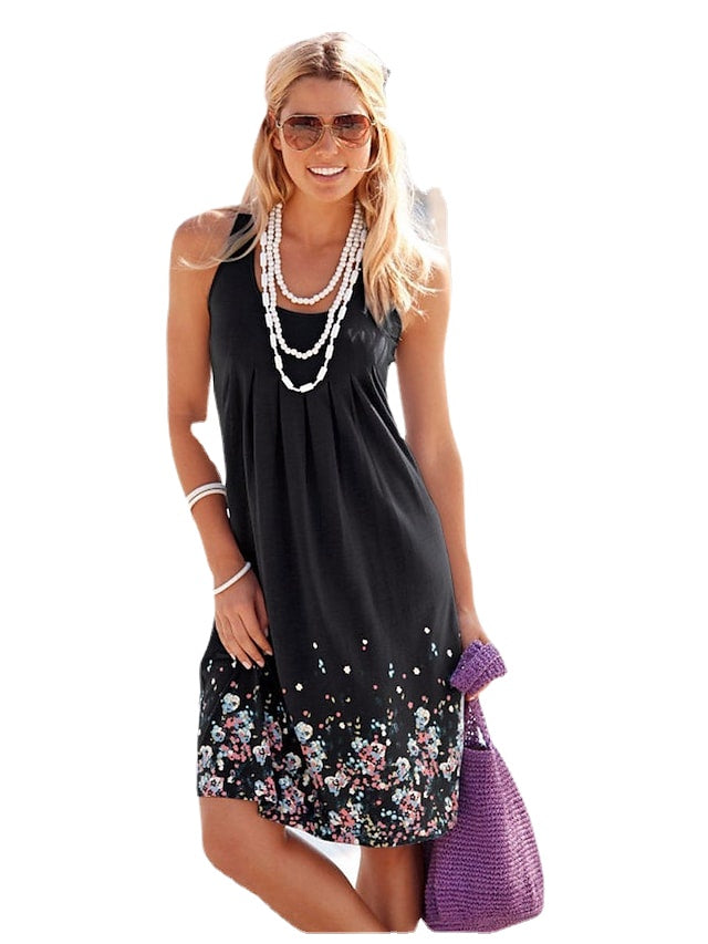 Women's Sleeveless Floral Print Crew Neck Holiday Dress