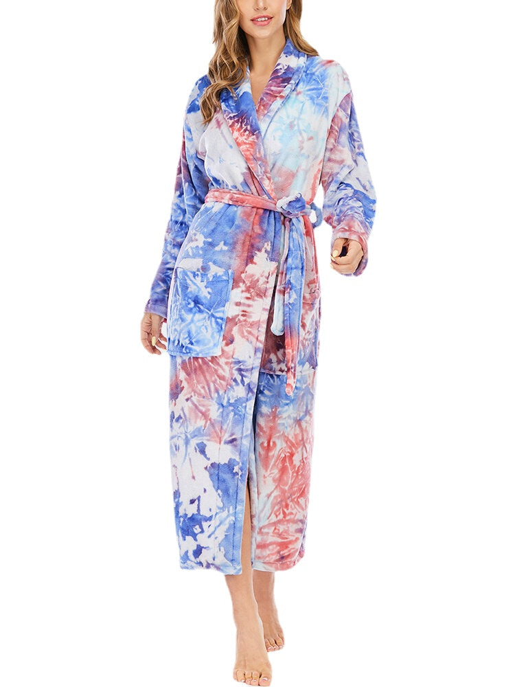 Women's Tie Dye Flannel Long Sleeve Robe with Double Pockets