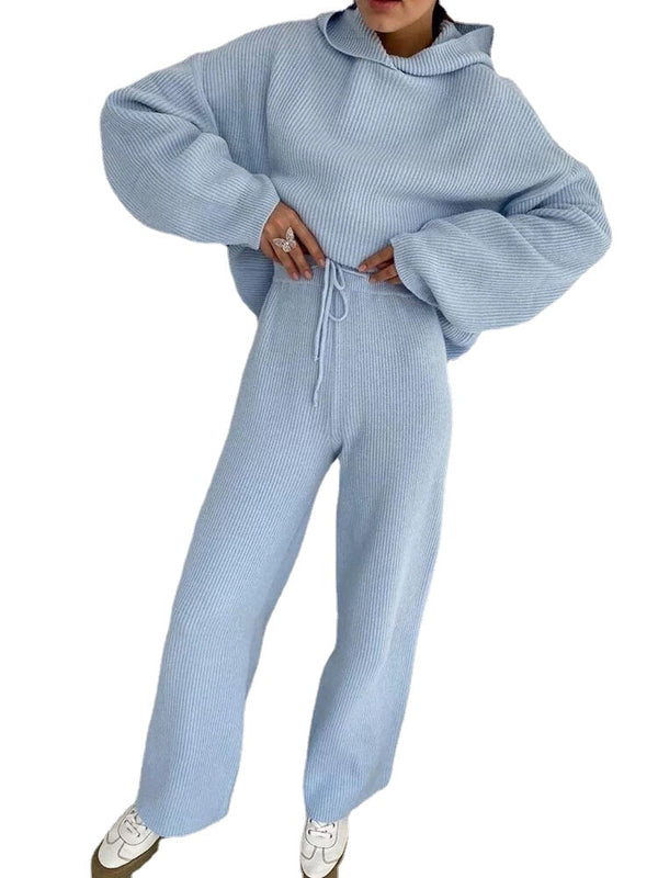 Women Solid Rib-Knit Hoodie Drawstring Wide Leg Pants Casual Long Two-Piece Set