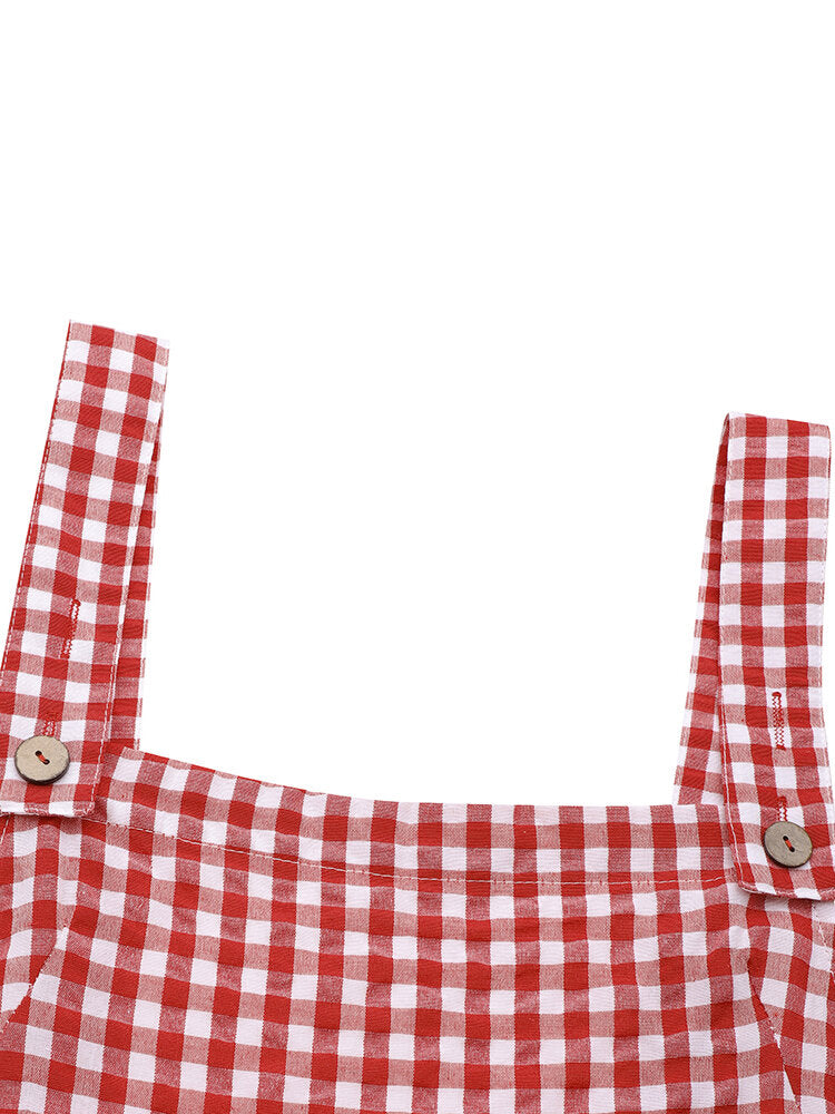 Women Casual Sleeveless Straps Plaid Wide Leg Side Buttons Jumpsuits With Pocket Secondary image