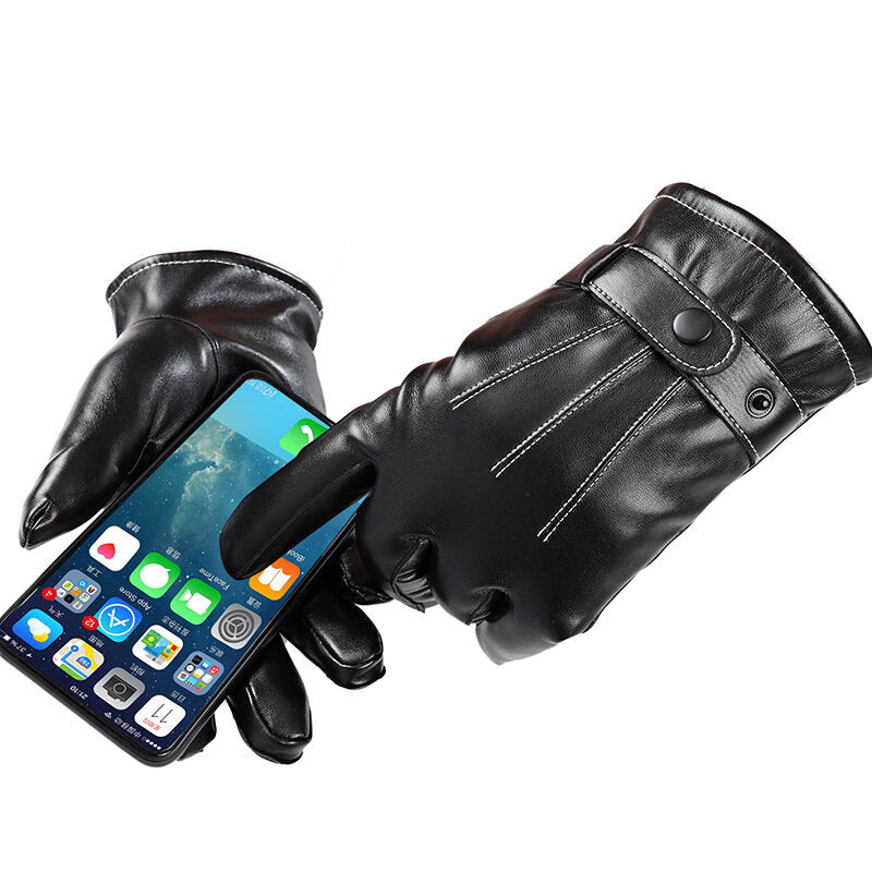 Black Waterproof Touchscreen Winter Gloves - Warm, Windproof, Full Finger, PU Leather, Thicken Cotton Main image