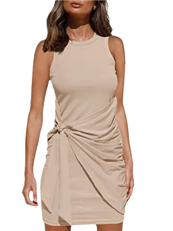 Women‘s Sleeveless Solid Color Patchwork Round Neck Elegant Short Mini Dress