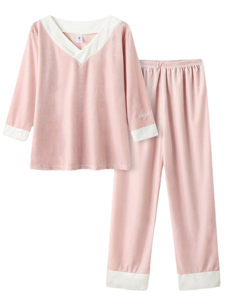 Women's Cozy Velour Pajama Set with Contrast V-Neck & Embroidered Cuffs