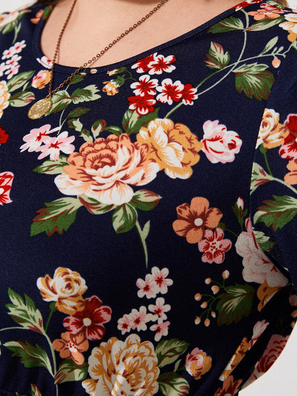 Plus Size Round Neck Floral Print Long Sleeves Dress
