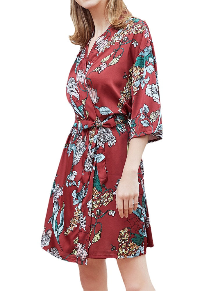 Plus Size Floral Print Half Sleeve Faux Silk Sleepwear Robe for Women