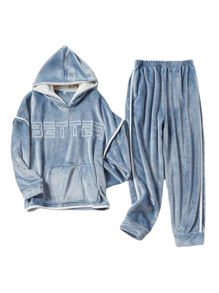 Women's Flannel Embroidered Hoodie & Elastic Waist Pajama Set
