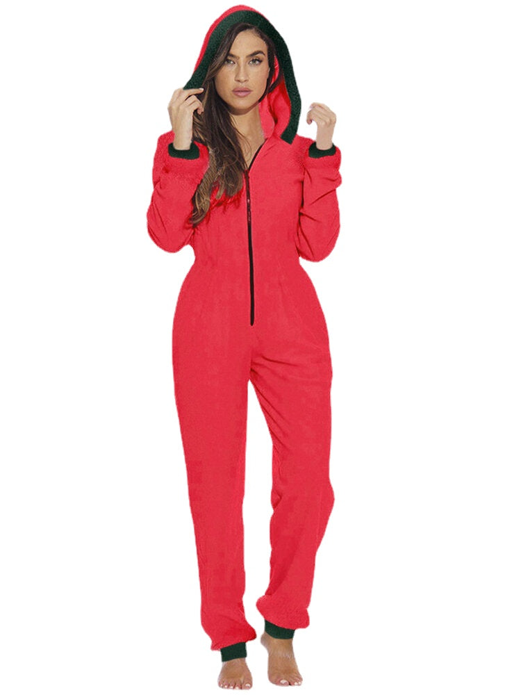 Women's Cozy Fleece Hooded Jumpsuit Sleepwear - Warm Long Sleeve Solid Color