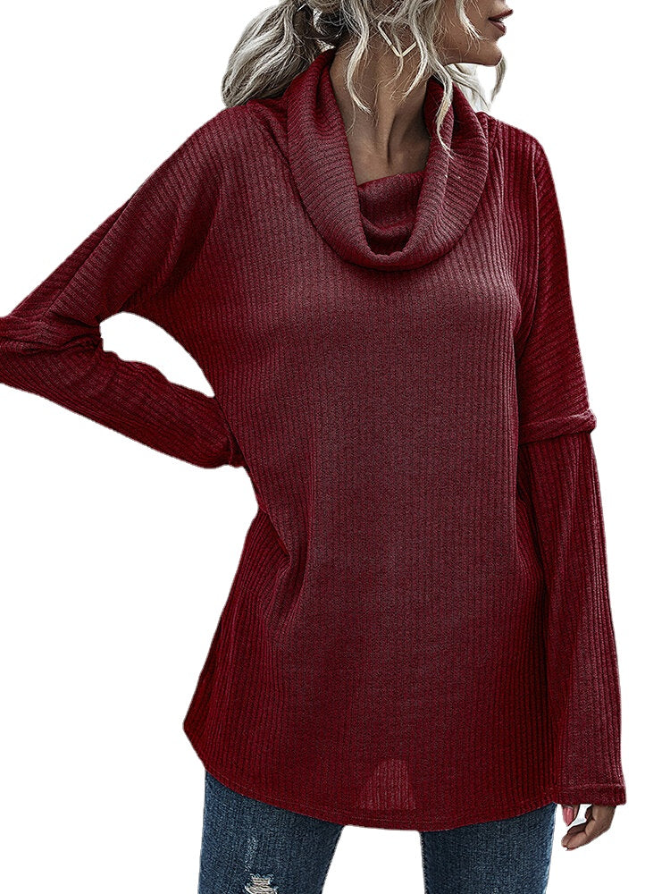 Women Solid Color Rib Knit Turtleneck Warm Long Sleeve Sweaters