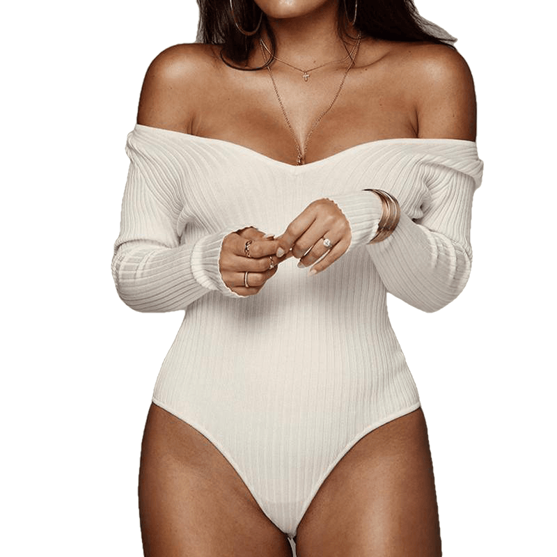 Off Shoulder Ribbed Knitted Sexy Bodysuit Women Black V Neck Summer Slim Rompers Womens Jumpsuit Winter Basic Bodysuits Main image