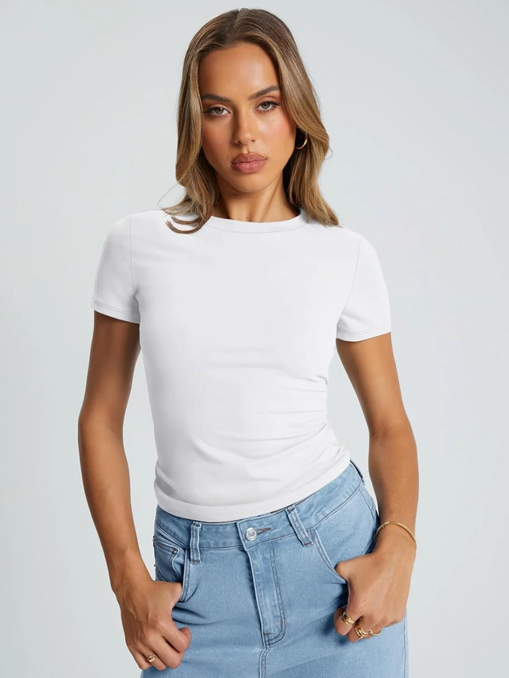 Womens Basic Short Sleeve Slim Fit T Shirts Soft Crewneck Crop Tee Summer Cute Gym Fashion Clothes Secondary image