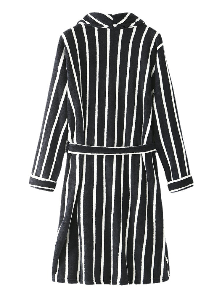 Men Basic Striped Print Flannel Winter Thick Mid-Length Home Lounge Robes
