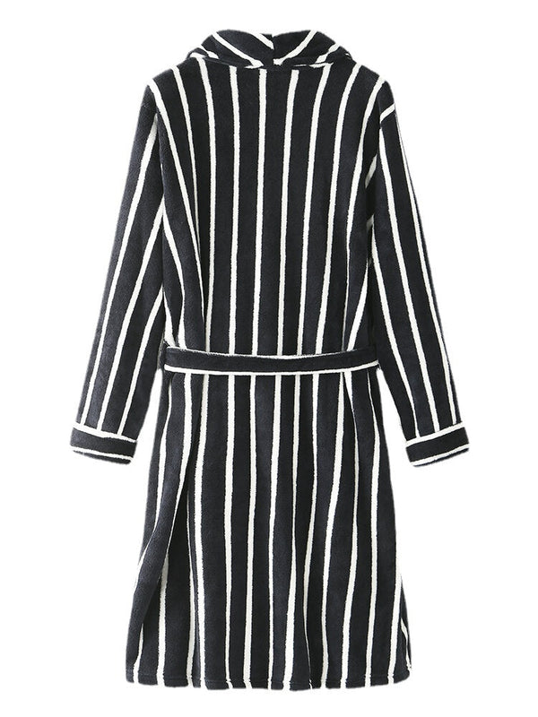 Men Basic Striped Print Flannel Winter Thick Mid-Length Home Lounge Robes