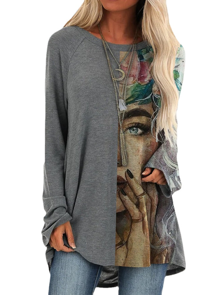 Women Figure Painting Print Patchwork O-Neck Casual Loose Long Sleeve T-Shirt Main image