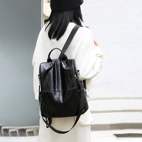Women Artificial Leather Vintage Crocodile Embossing Backpack Convertible Strap Large Capacity Crossbody Bag