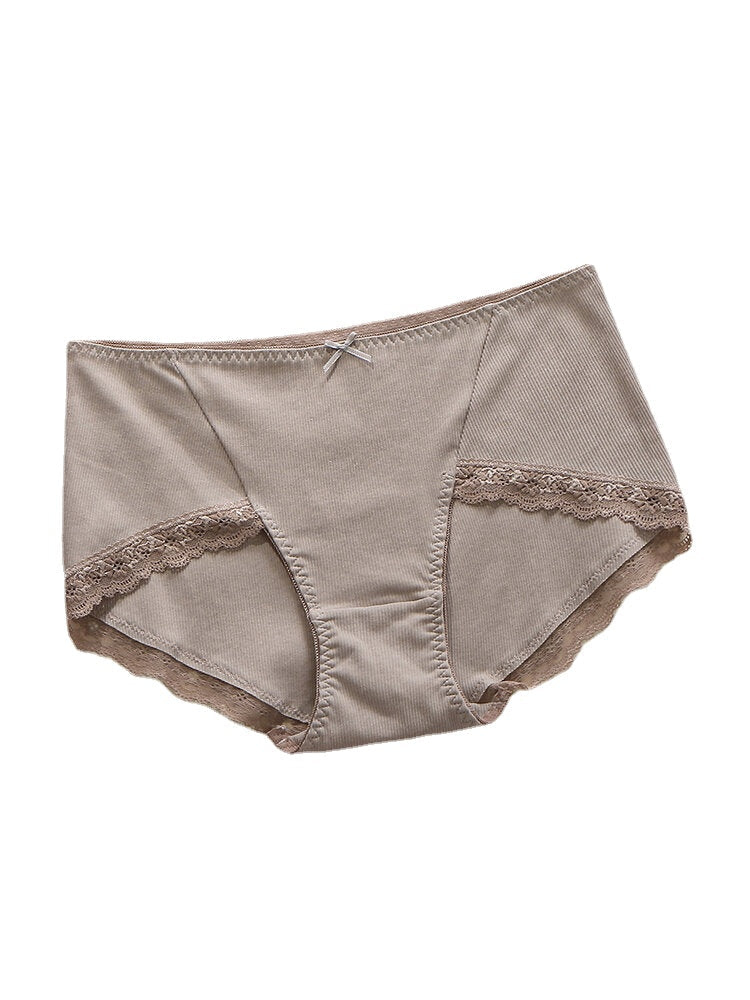 Plus Size Women's Ribbed Lace Trim Bow Cotton Panties - Cozy & Comfortable