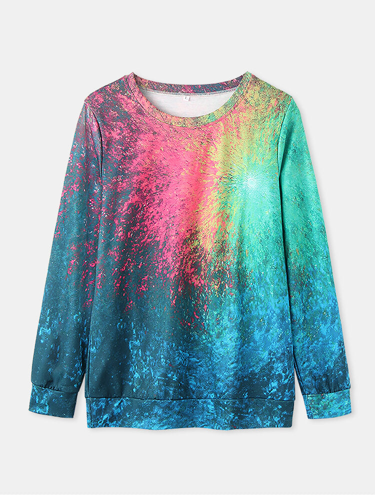Women Colorful Tie-Dye Print O-Neck Casual Long Sleeve Pullover Sweatshirt