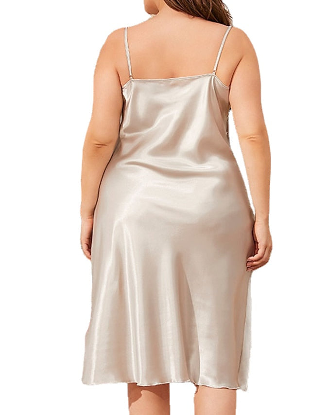 Plus Size Satin Nightgown Dress - Sleeveless, Backless, Pure Color, Spring/Summer Comfort Pajamas