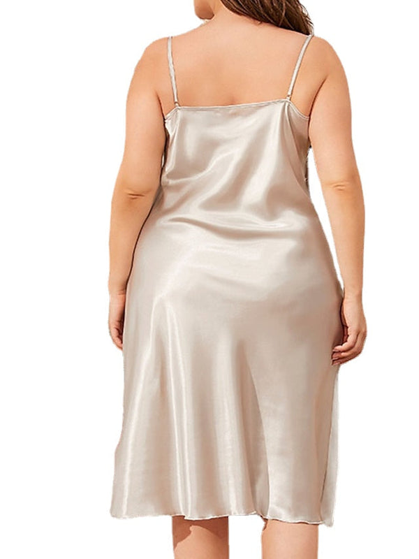 Plus Size Satin Nightgown Dress - Sleeveless, Backless, Pure Color, Spring/Summer Comfort Pajamas