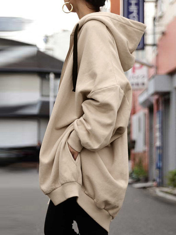 Women Zipper Up Outer Wear Loose Long Solid Hooded Sweatshirt