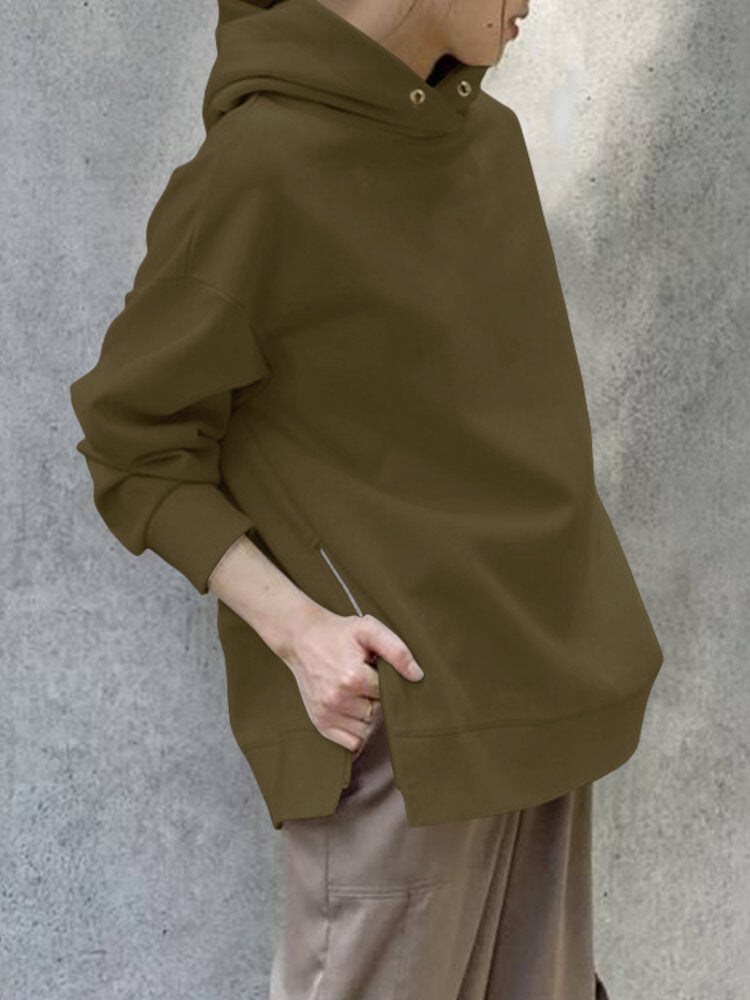 Women Korean Style Zipper Split Hem Commute Solid Hoodie