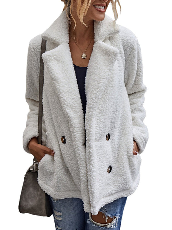 Women Solid Color Double Breasted Plush Warm Coat With Pocket