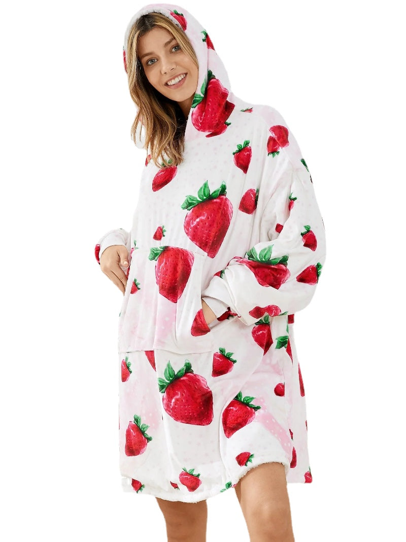 Women Cute Strawberry Print Thicken Blanket Hoodie Oversized Robes With Kangaroo Pocket Secondary image