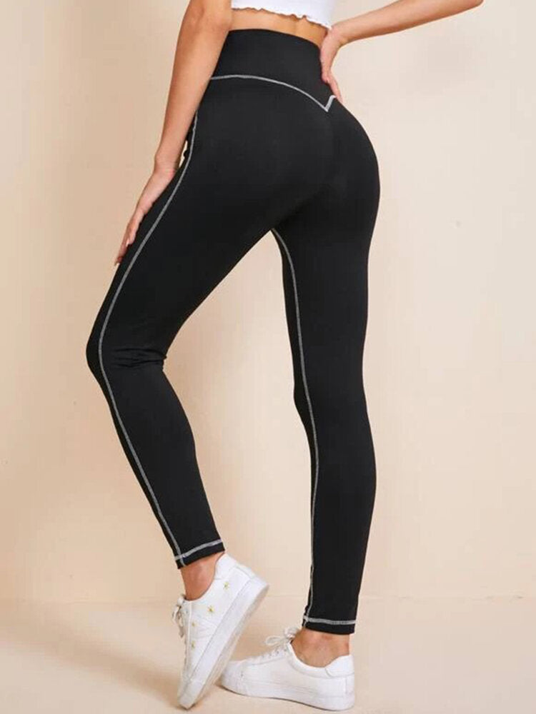 Women Solid Color High Waist TopstitchYoga Leggings