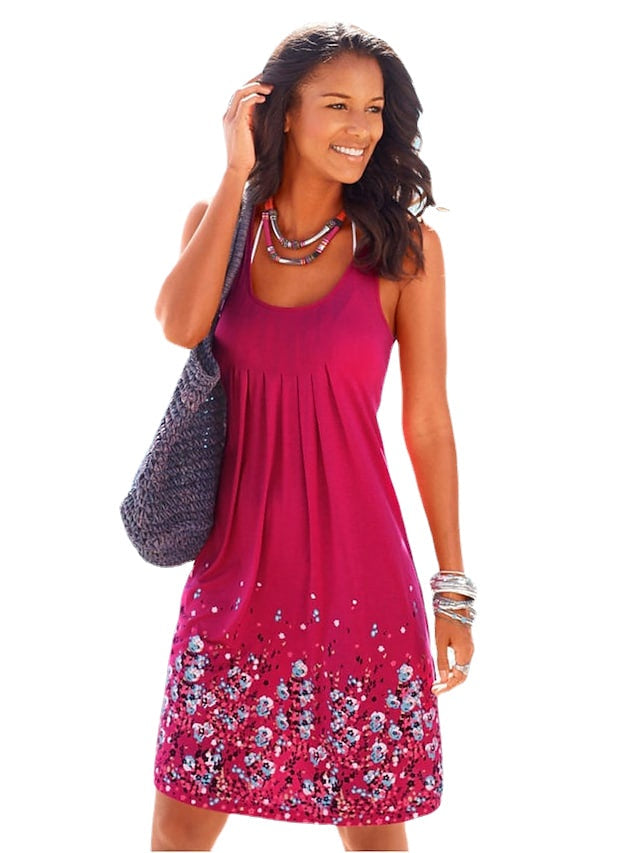 Women's Sleeveless Floral Print Crew Neck Holiday Dress
