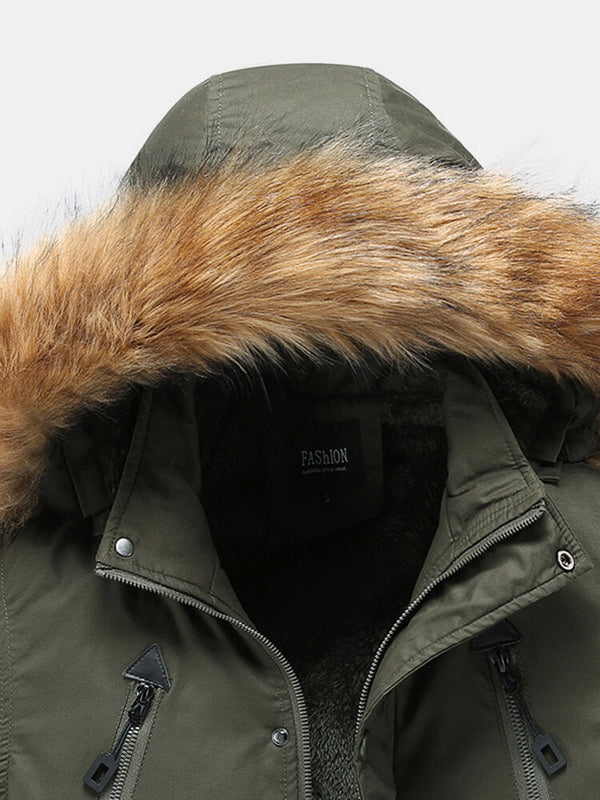 Mens Multi Pocket Detachable Faux Fur Hooded Collar Thicken Warm Coats