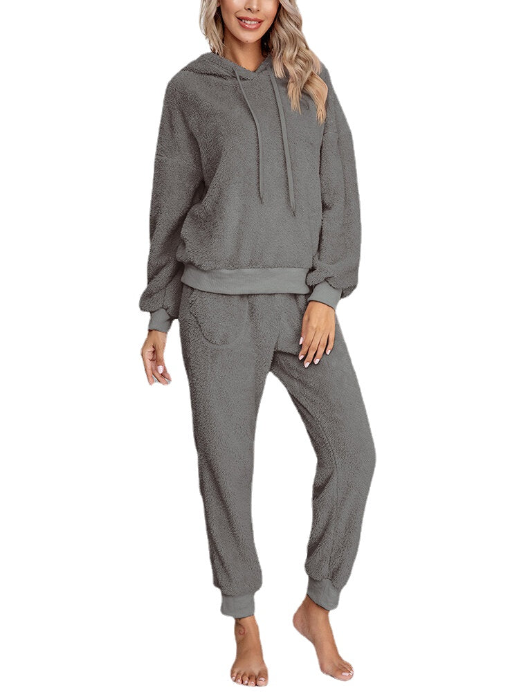 Women Soft Solid Color Hoodie Pocket Elastic Waist Jogger Pants Home Plush Pajama Set