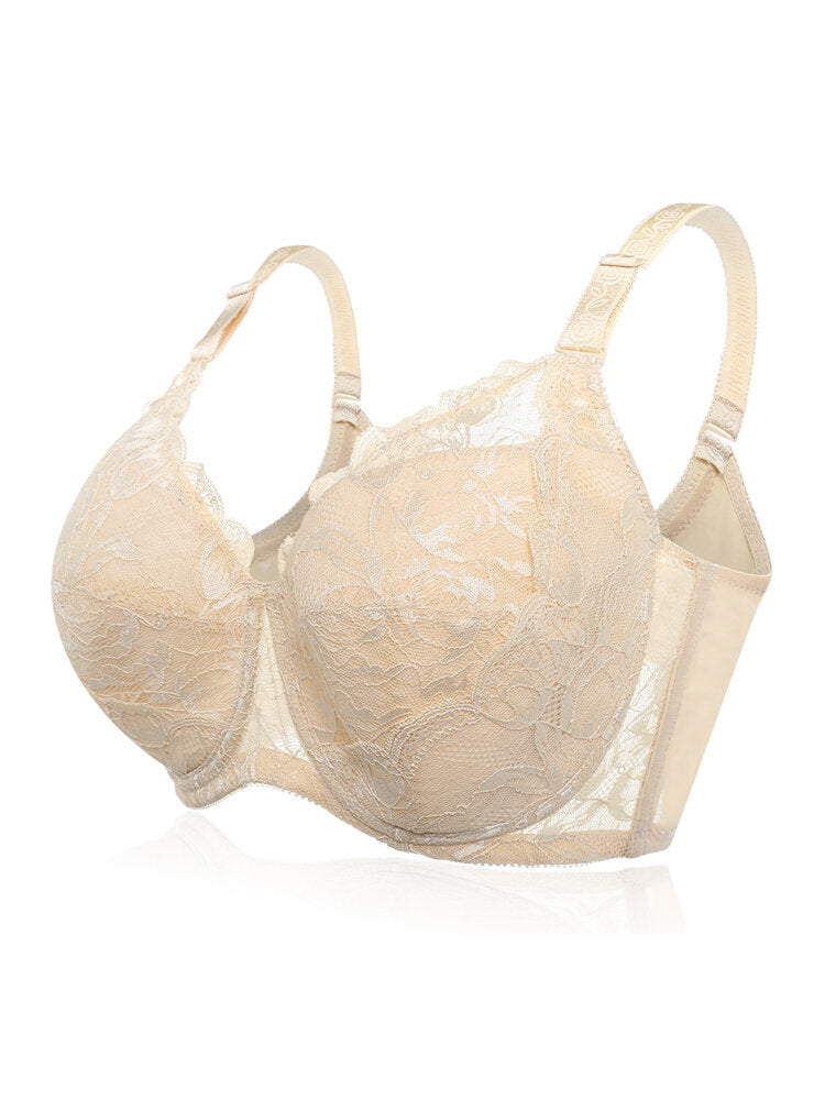 Plus Size Lace Jacquard Gather Full Coverage Push Up Bra,Milk Yellow Main image