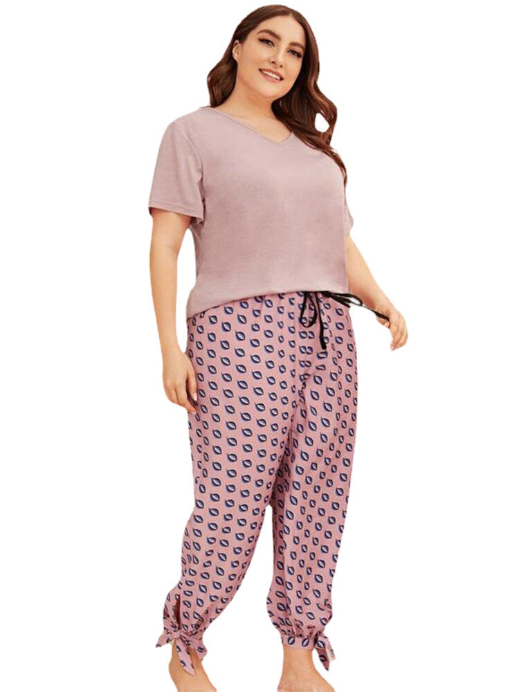 Plus Size V-Neck Top & Print Tie Pants Pajama Set for Women