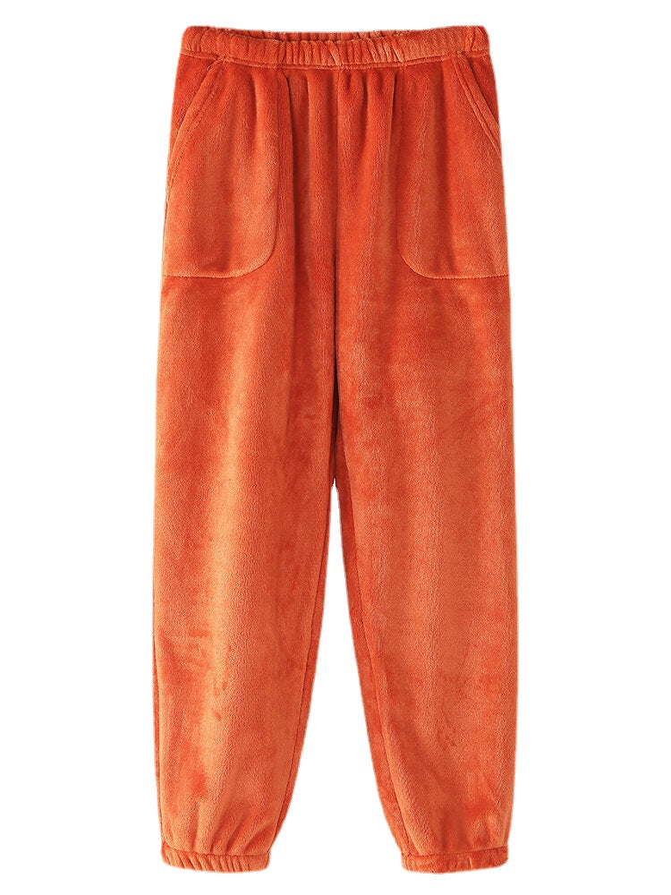 Women Flannel Solid Color Thicken Warm Home Sleepwear Pants With Pocket Main image