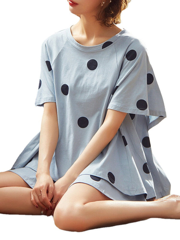 Women's Polka Dot Pajama Set: Round Neck, Short Sleeve, Casual Shorts