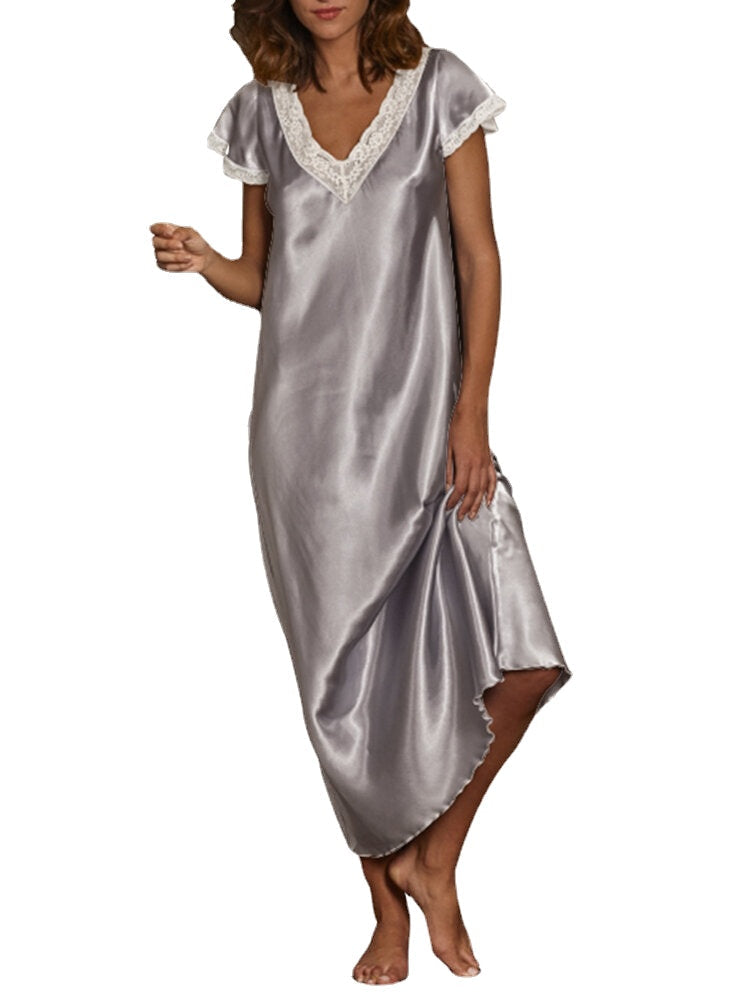 Women's Lace Spliced Short Sleeve Casual Nightgown