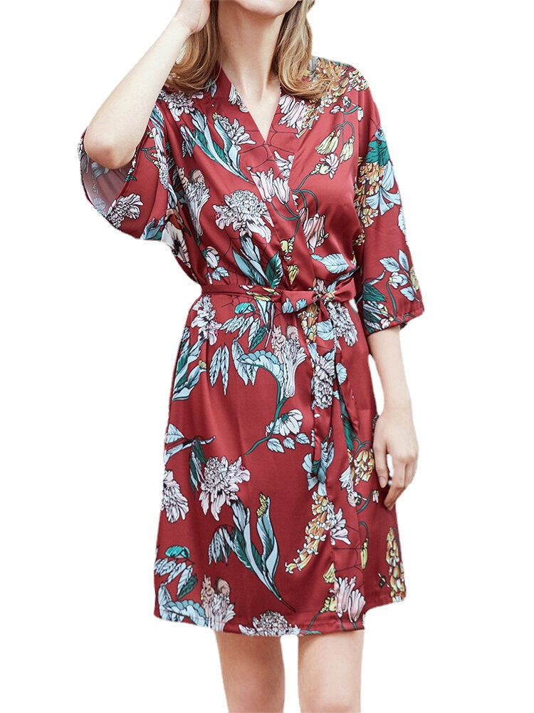 Plus Size Floral Print Half Sleeve Faux Silk Sleepwear Robe for Women Main image