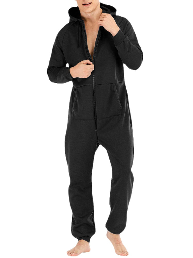 Men  Mulit Pockets Thicken Loungewear Zip Down Jumpsuit Plain Hooded Pajamas Main image