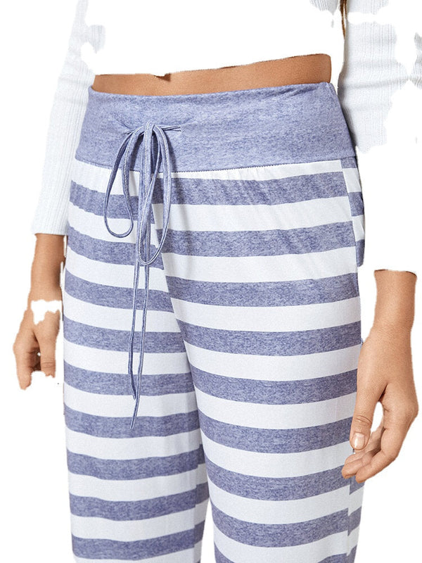 Women Plus Size Striped Brief Style Drawstring Waist Loose Daily Home Pajamas Pants