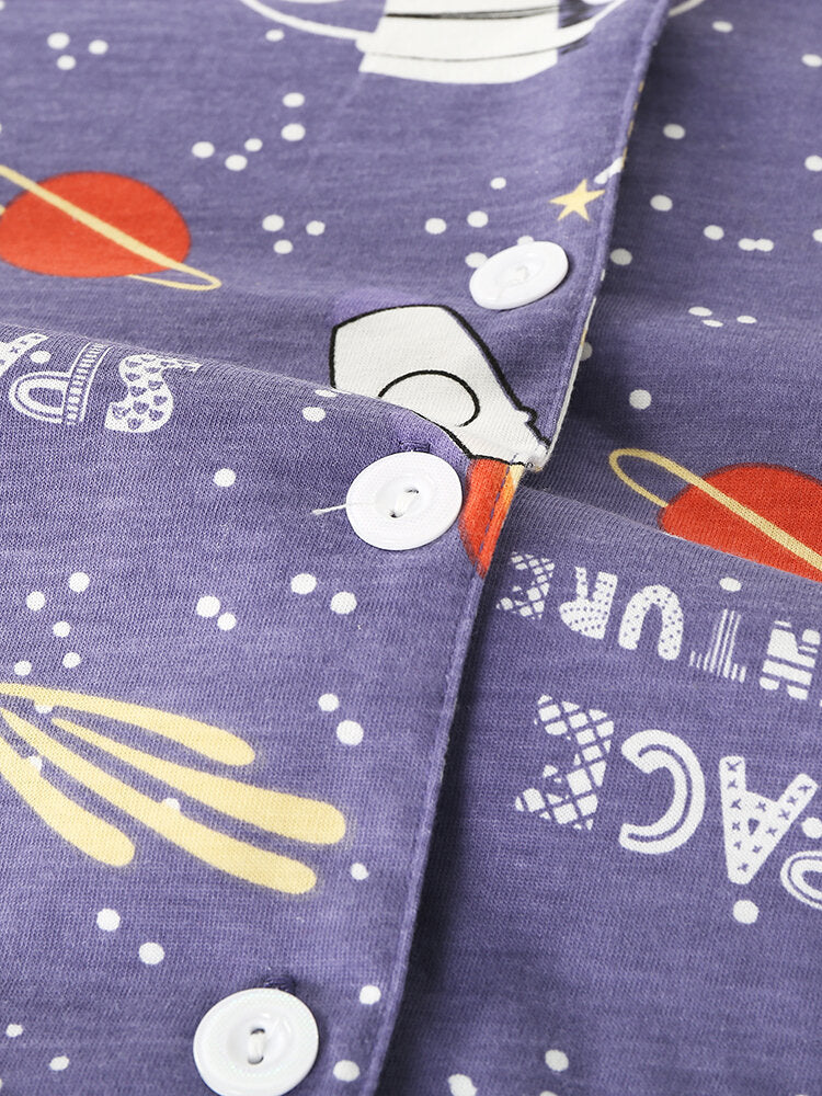 Women's Cartoon Animal Space Print Cotton Pajama Set with Pockets and Elastic Waist