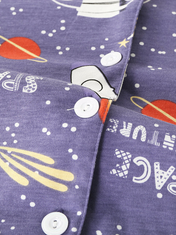 Women's Cartoon Animal Space Print Cotton Pajama Set with Pockets and Elastic Waist