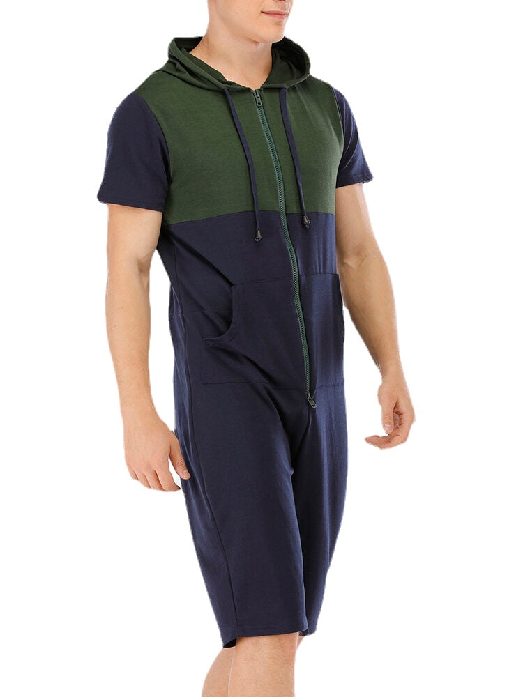 Men New Fashion Casual Patchwork Short Sleeve Jumpsuit Sleepwear