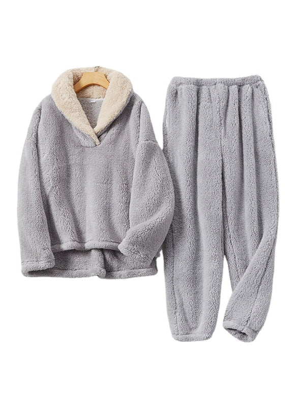 Women's Fluffy Plush Lapel Pajama Set - Warm High-Low Hem Loungewear