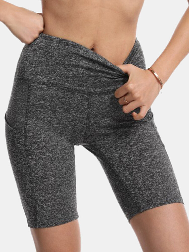 Sport Women Solid Color Elastic High Waist Yoga Running Biker Shorts With Pocket